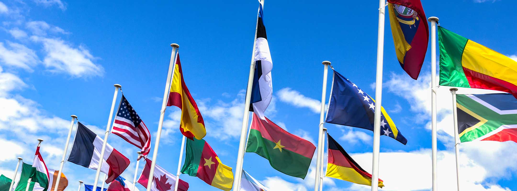 Flaggen verschiedener Nationen wehen im Wind.