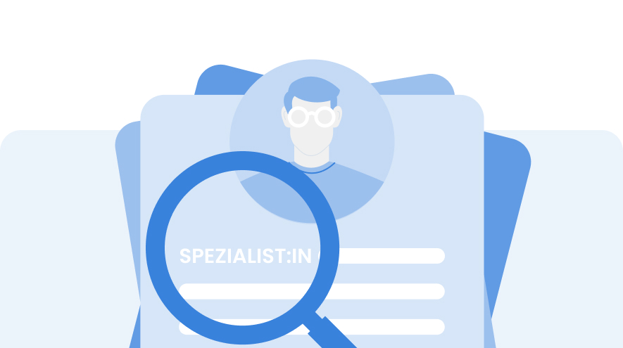 Abstrakte, informative Grafik mit einer Lupe, die einen Spezialisten findet.